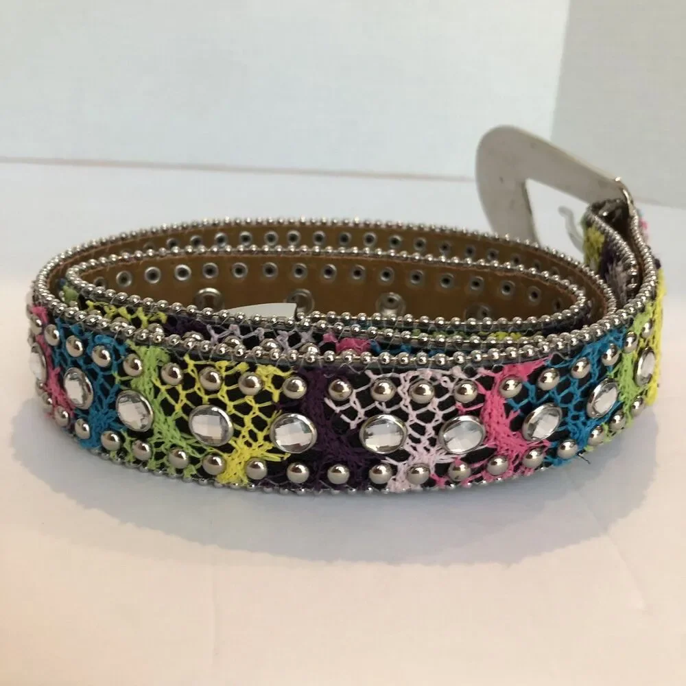 Nocona N4410897-28 Girls Brown Multicolor Silver Leather Rhinestone Studded Belt